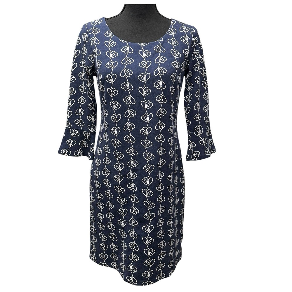 Boden Navy Blue Heart Vine Embroidered Sheath Dress 3/4 Bell Sleeve 6P